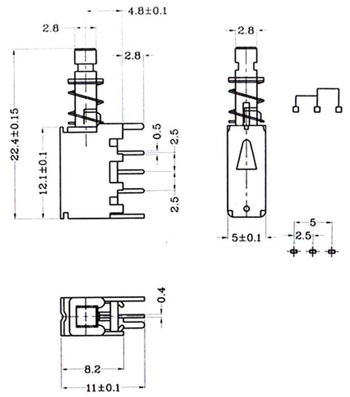Drukknop Schakelaar 3-pins vasthoudend PCB A05 afmetingen